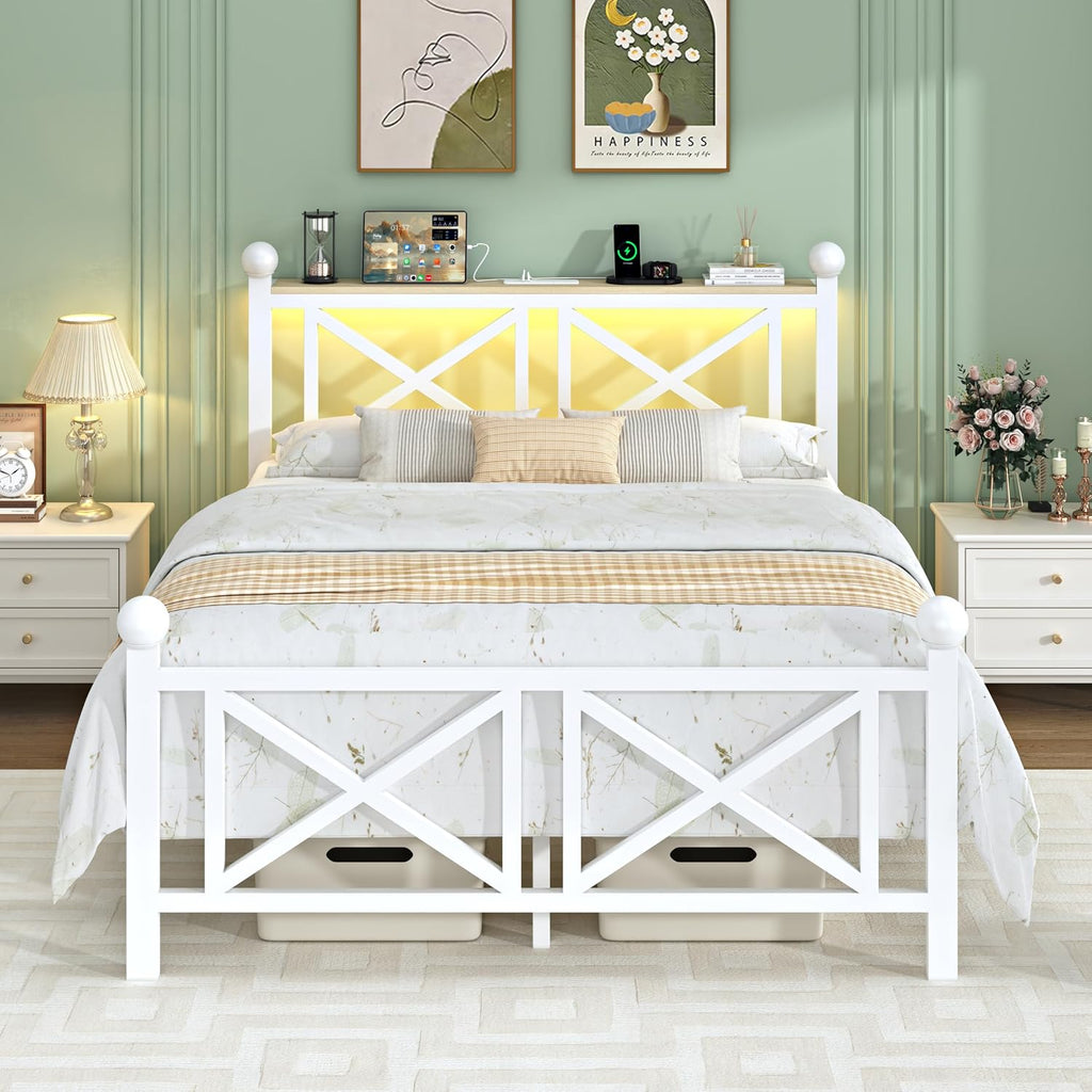 ChicZhiNest Full Size Bed Frame with Charging Station and LED Lights, Metal Platform Bed with Wood Headboard and Storage Shelf, Underbed Storage, No Box Spring Needed, White