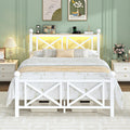 ChicZhiNest Full Size Bed Frame with Charging Station and LED Lights, Metal Platform Bed with Wood Headboard and Storage Shelf, Underbed Storage, No Box Spring Needed, White