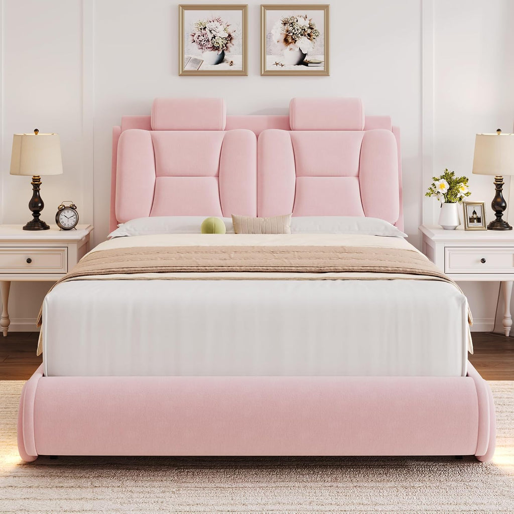 Keyluv Full Led Car Bed Frame with Wheels Decor & Adjustable Curved Headboard Modern Upholstered Platform Bed with Detachable Pillows Solid Wooden Slats Support No Box Spring Needed, Velvet Pink