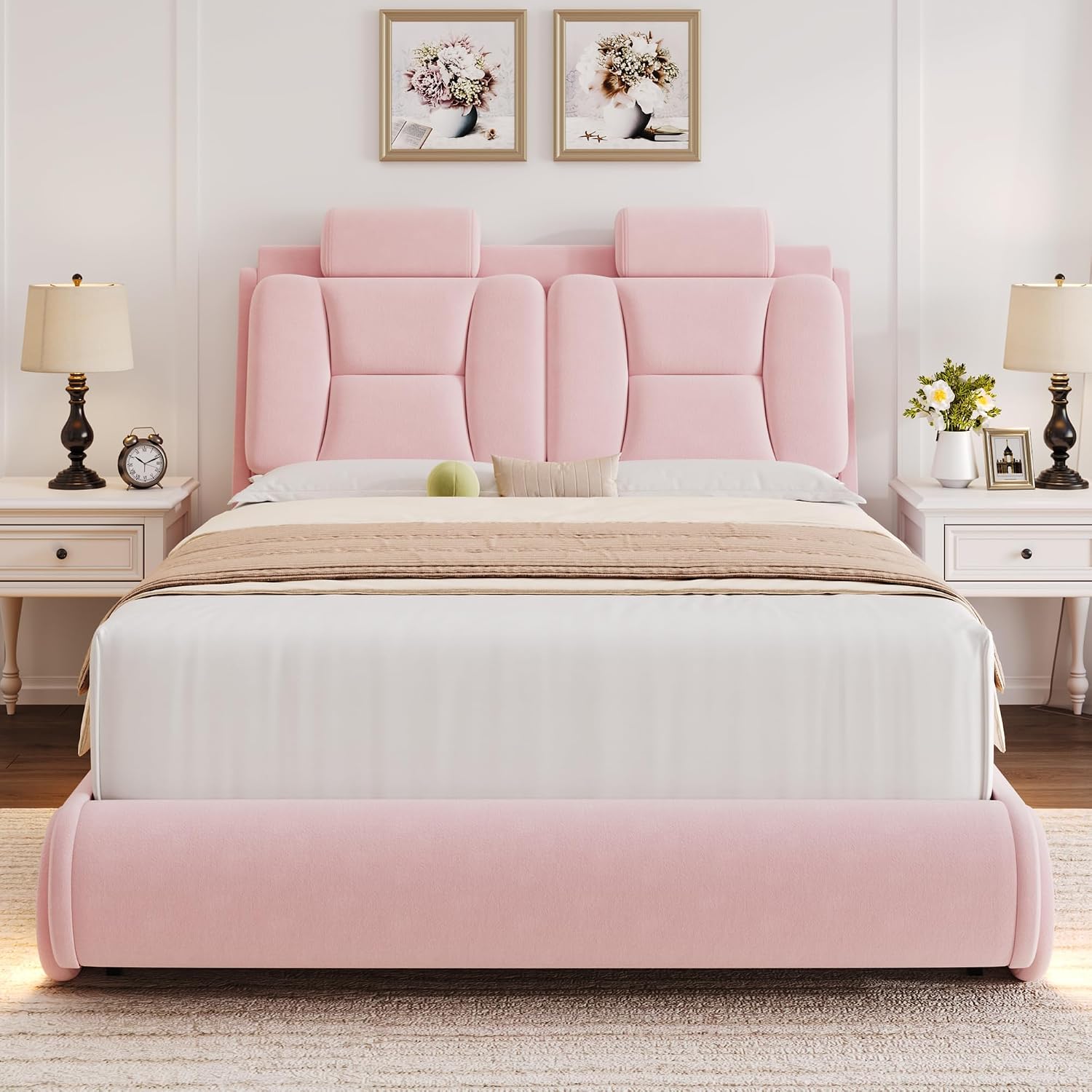 Keyluv Full Led Car Bed Frame with Wheels Decor & Adjustable Curved Headboard Modern Upholstered Platform Bed with Detachable Pillows Solid Wooden Slats Support No Box Spring Needed, Velvet Pink