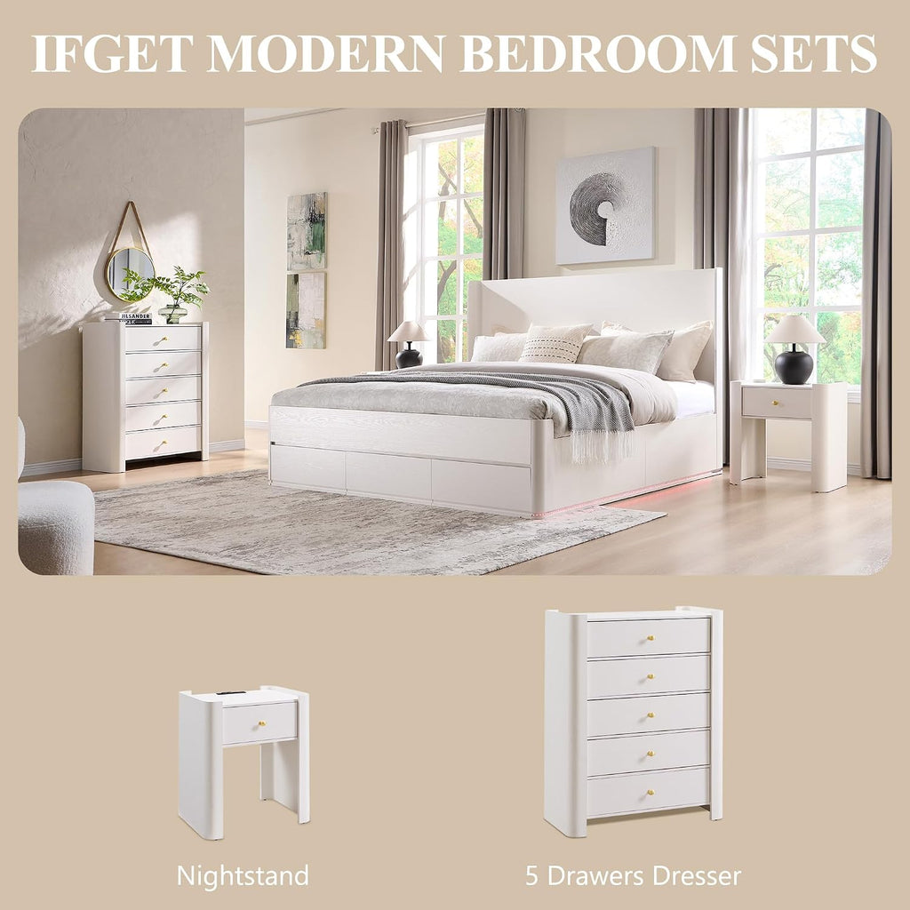 IFGET Modern 5 Drawer Dresser for Bedroom, Wooden Chest of Drawers with Curved Profile Design, 39.6' Tall Wood Dresser with Golden Metal Handle for Bedroom, Living Room, Hallway-White