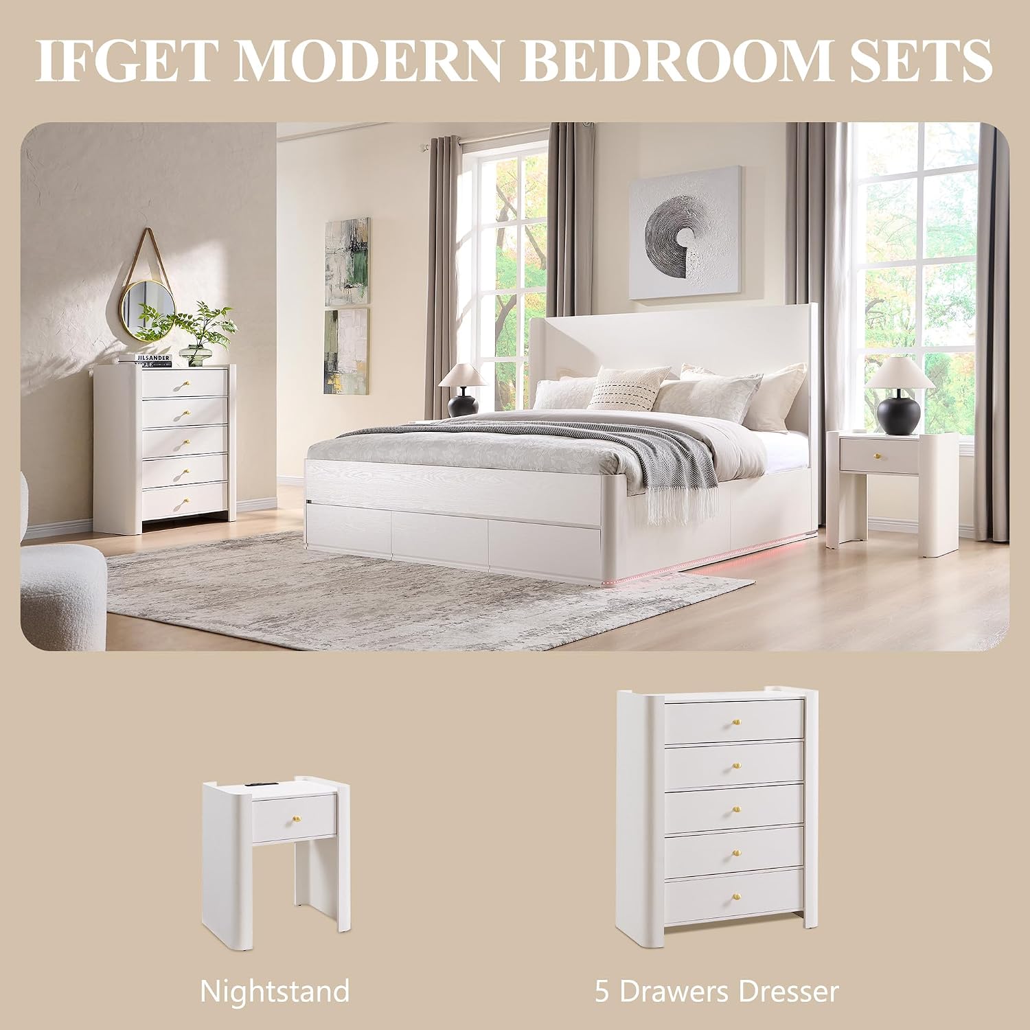 IFGET Modern 5 Drawer Dresser for Bedroom, Wooden Chest of Drawers with Curved Profile Design, 39.6' Tall Wood Dresser with Golden Metal Handle for Bedroom, Living Room, Hallway-White