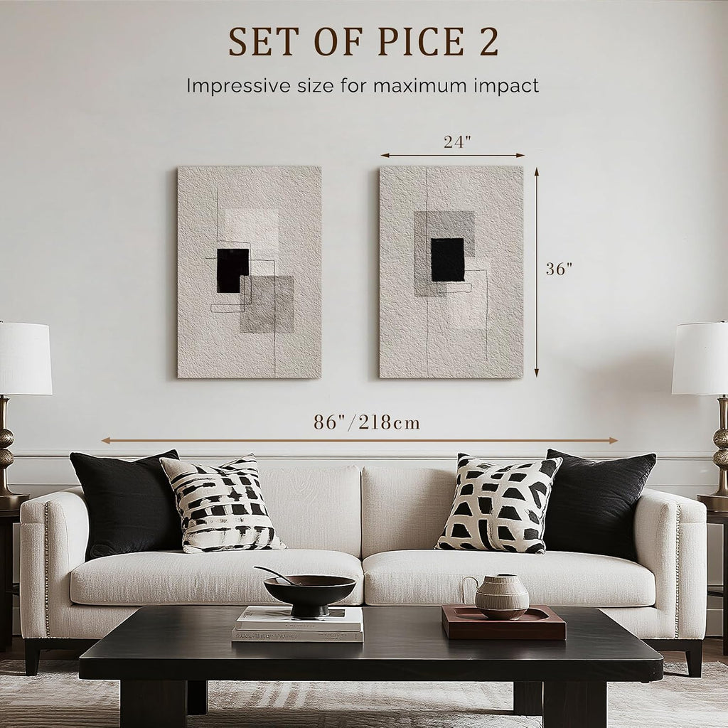 Bzstyleart Large Abstract Wall Art for Living Room, Set of 2 Modern Wall Art Minimalist Painting Neutral Artwork for Hallway Office Bedroom, Large Boho Abstract Artwork Lines & Blocks, 24 x 36 Inch