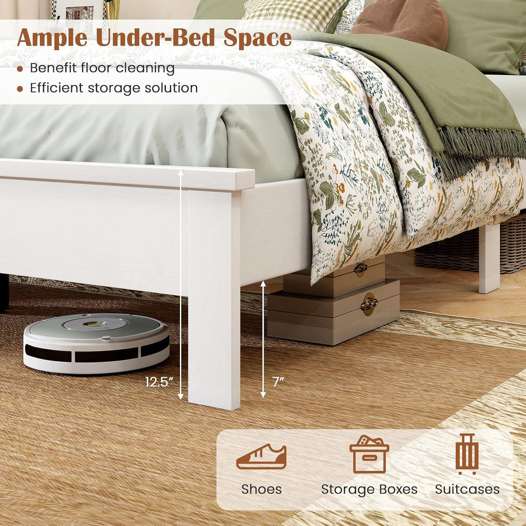 GOFLAME Full Size Wood Bed Frame, Mid-Century Modern Platform Bed with Headboard, Solid Wood Legs, Mattress Foundation with 12 Wooden Slats, No Box Spring Needed, White