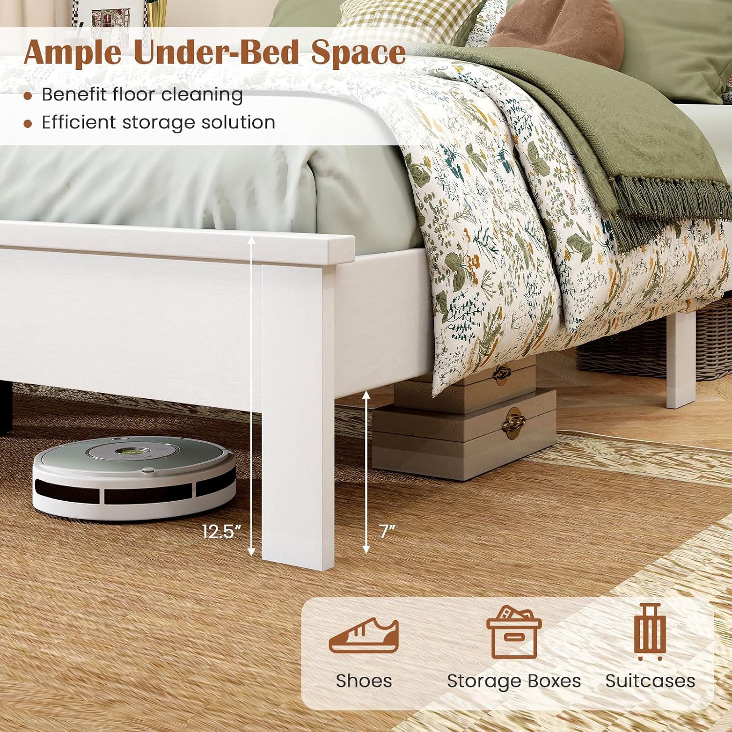 GOFLAME Full Size Wood Bed Frame, Mid-Century Modern Platform Bed with Headboard, Solid Wood Legs, Mattress Foundation with 12 Wooden Slats, No Box Spring Needed, White