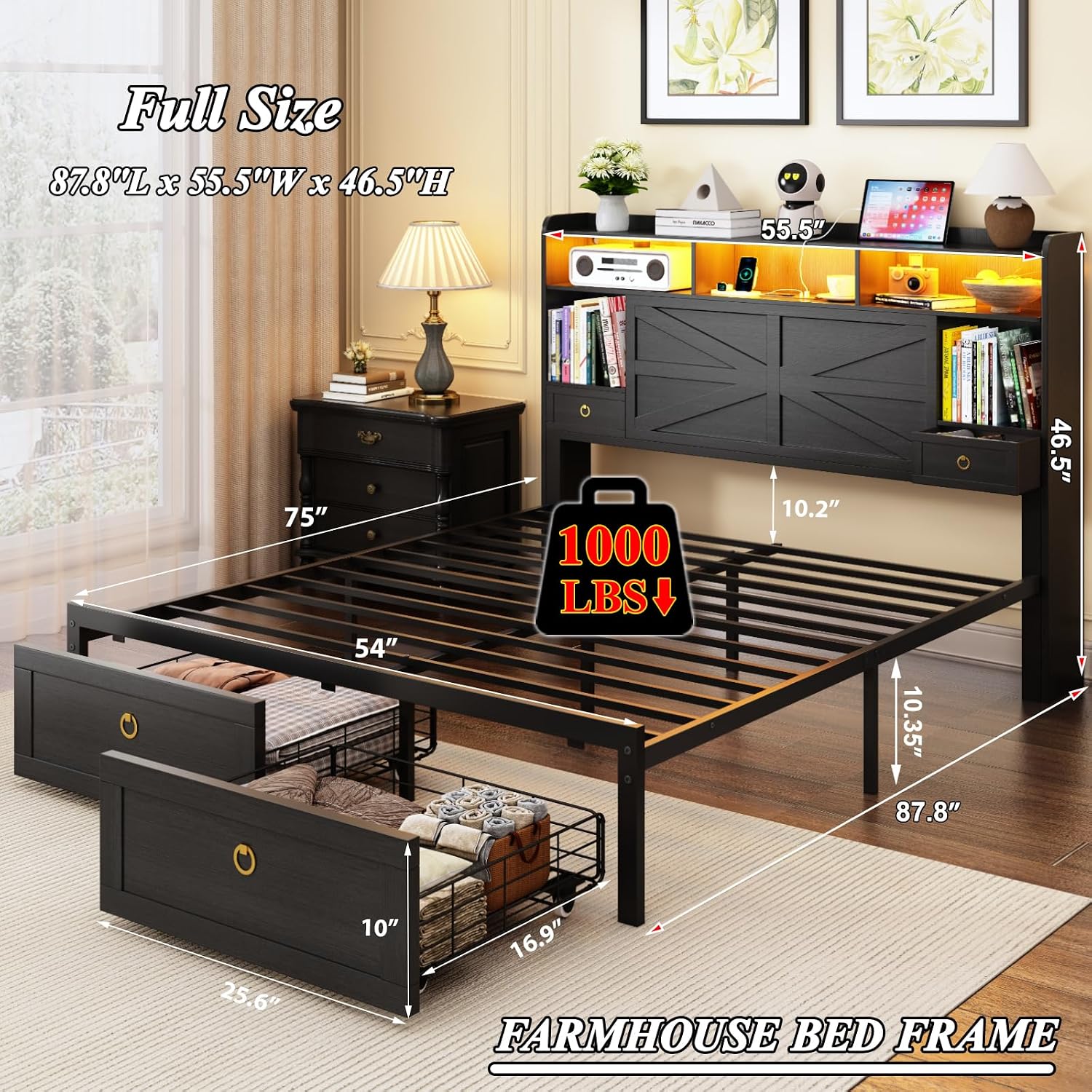 Full Bed Frame with Storage Headboard, Farmhouse Platform Bed Frame with Bookshelf, Drawers, LED Lights and Charging Station, Metal Slats Support, Noise Free, No Box Spring Needed, Black