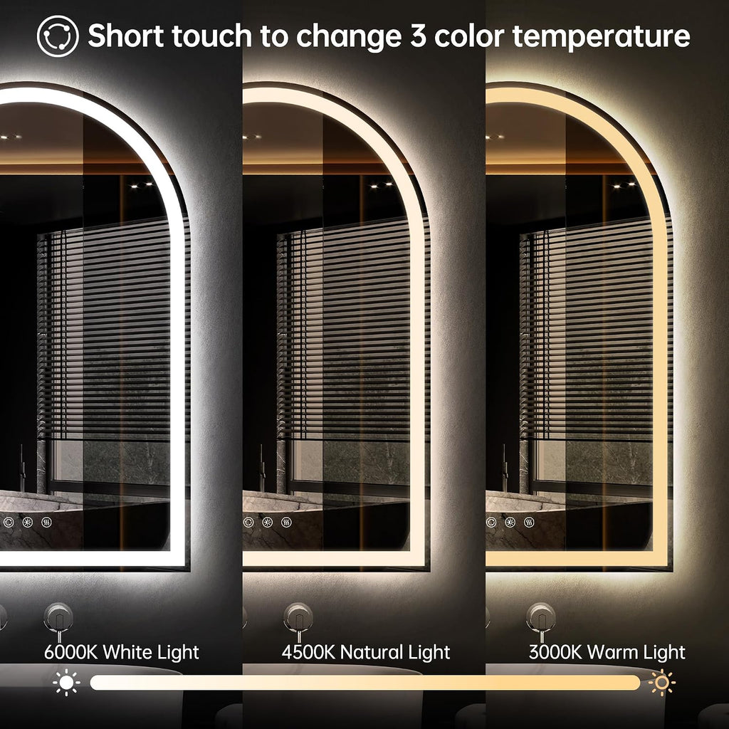 Arched LED Mirror for Bathroom 24'x36'- Frameless Lighted Bathroom Mirror with Lights, Fogless, Dimmable, 3 Color Changing, Shatterproof, Touch Sensor