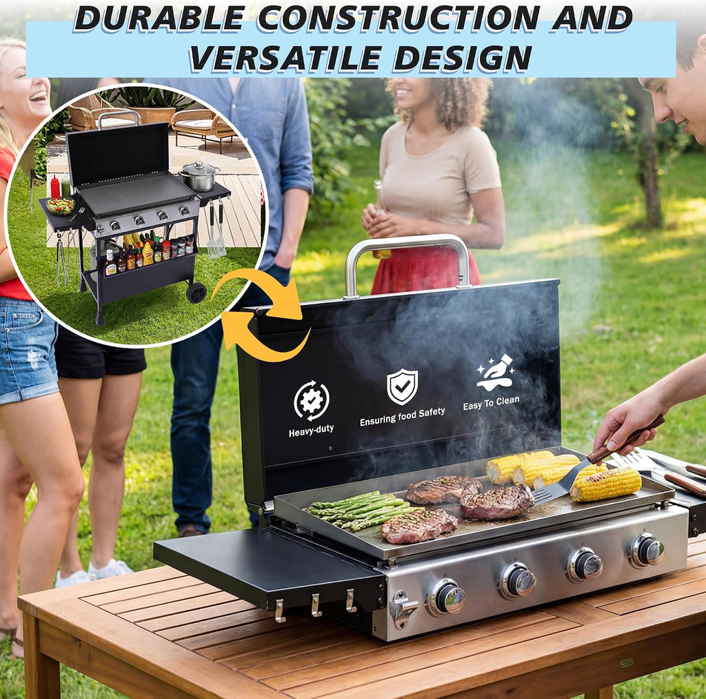 4-Burner Propane Griddle Grill with Removable Cart, 32,000 BTU Portable BBQ Gas Griddle with Iron Griddle Pan & Side Table, Spice Rack, Outdoor Flat Top Grills with Hooks for Backyard