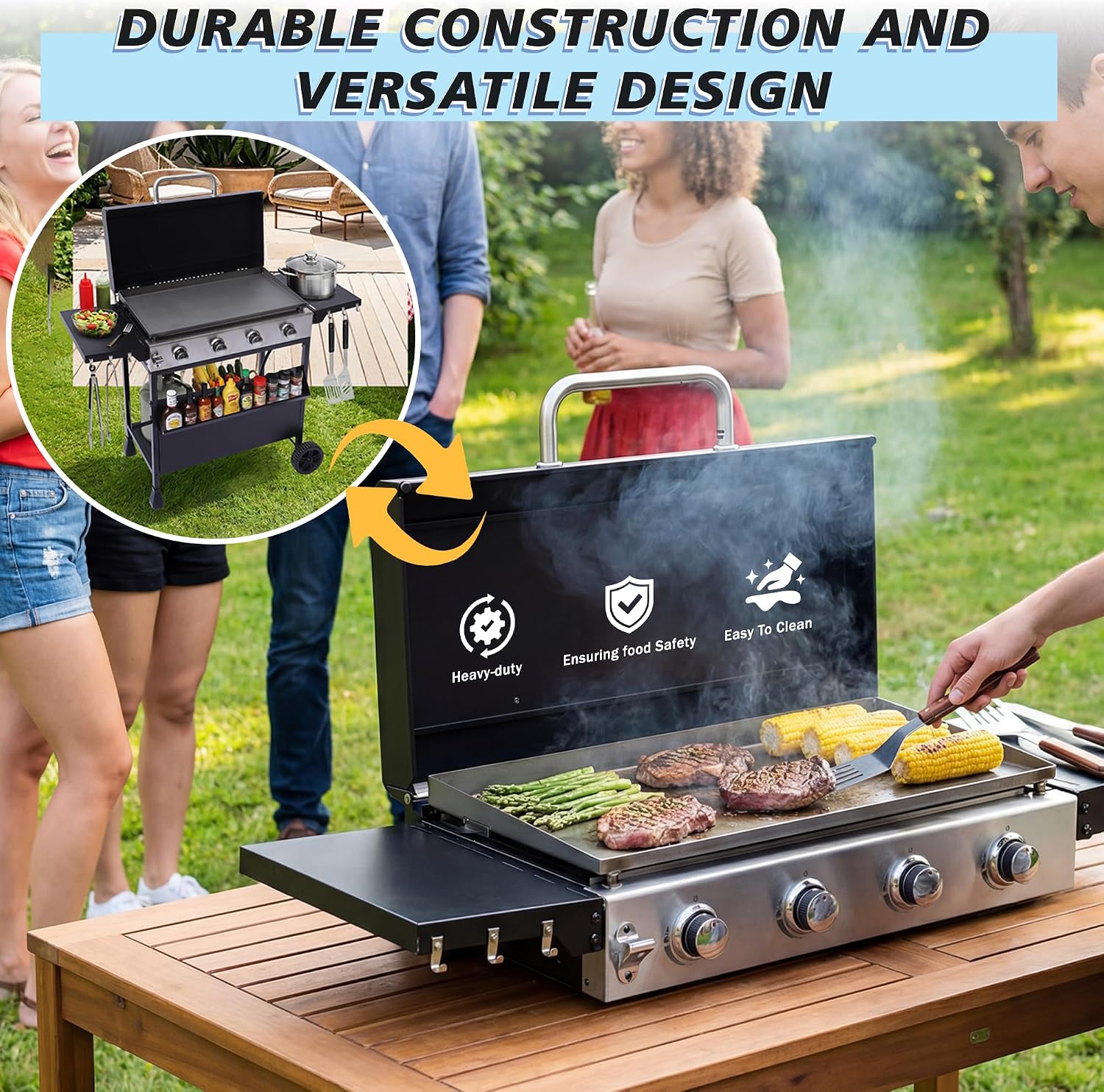 4-Burner Propane Griddle Grill with Removable Cart, 32,000 BTU Portable BBQ Gas Griddle with Iron Griddle Pan & Side Table, Spice Rack, Outdoor Flat Top Grills with Hooks for Backyard