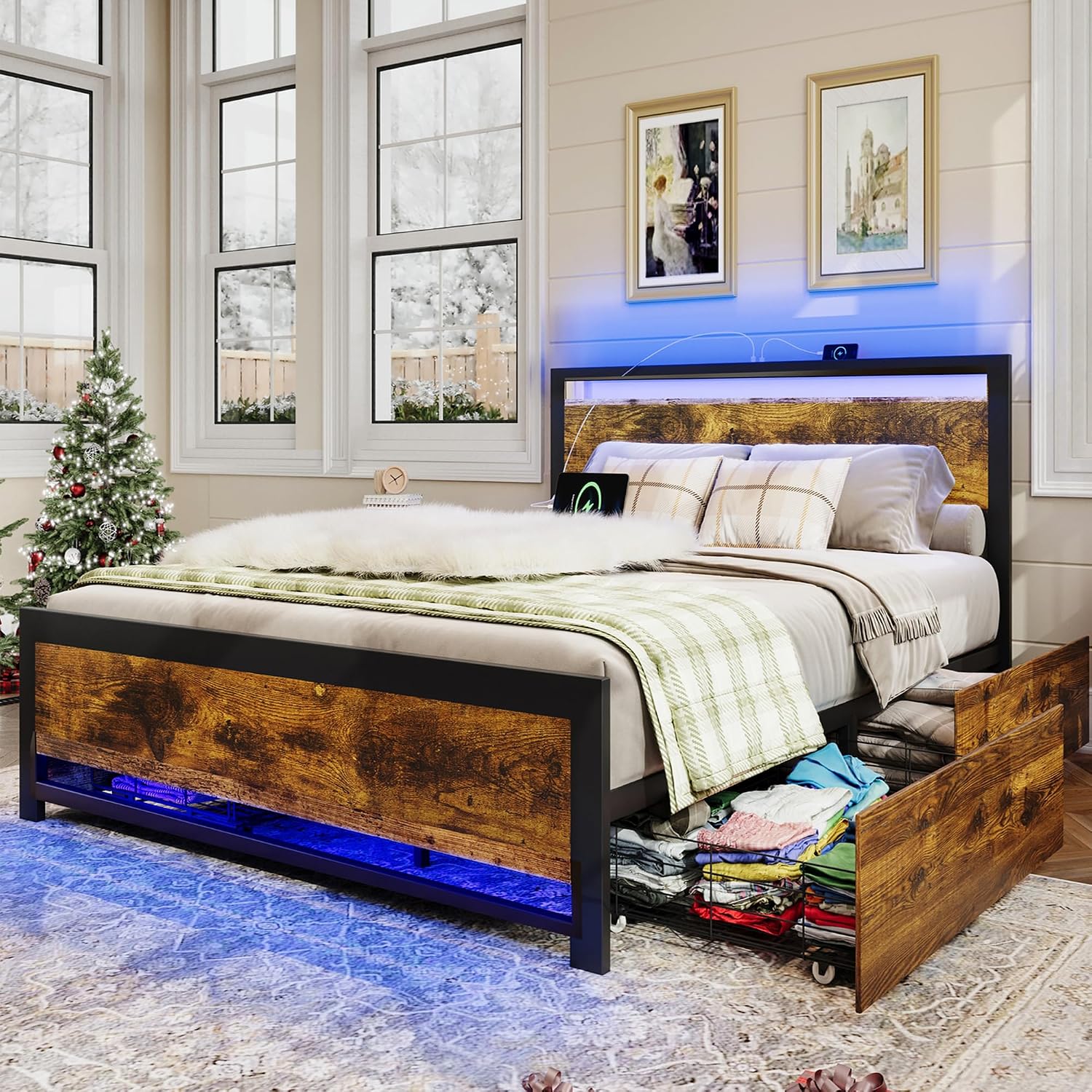 Ailisite Farmhouse Twin Size Bed Frame with Storage and 4 Drawers, Rustic Led Bed Frame with Headboard and Charging Station, Metal Twin Platform Bed Frame No Box Spring Needed, Noise Free, Brown