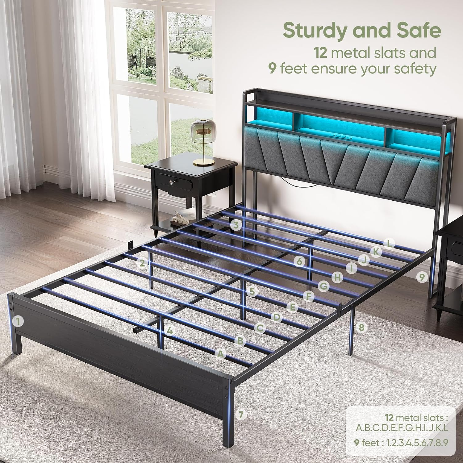 Queen Bed Frame with Wood Headboard, Metal Platform Bed with LED Lights & Charging Station, 2-Tier Storage Shelves, Sturdy and Easy Assembly, Under Bed Space, No Box Spring Needed, Noise Free, Black