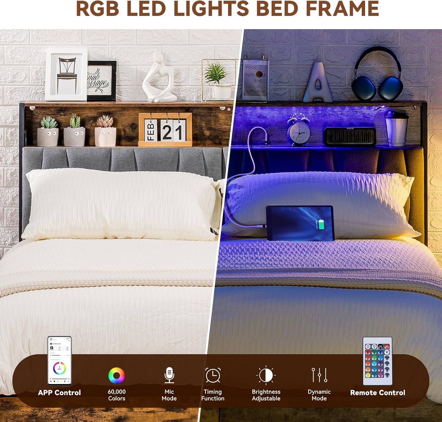 COMHOMA Queen Size Platform Bed Frame with LED Lights and Charging Station, Storage Headboard and Footboard Drawers, No Box Spring Needed, Rustic Wood Look