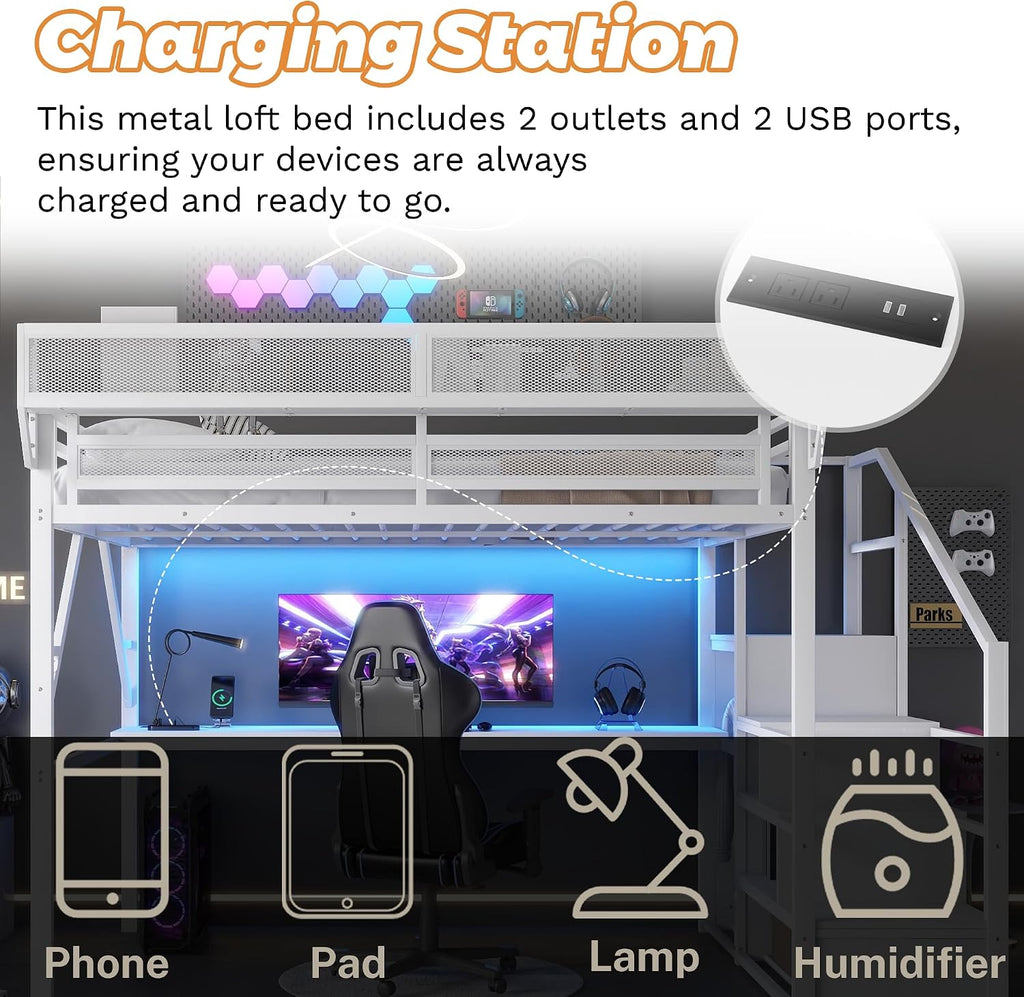 Metal Loft Bed with Desk and RGB LED Lights, Queen Size Loft Bed with Stairs and Charging Station,Adult Loft Beds with Storage Shelves for Upper and Wardrobe,Loft Beds Frame for Kids Teens, White