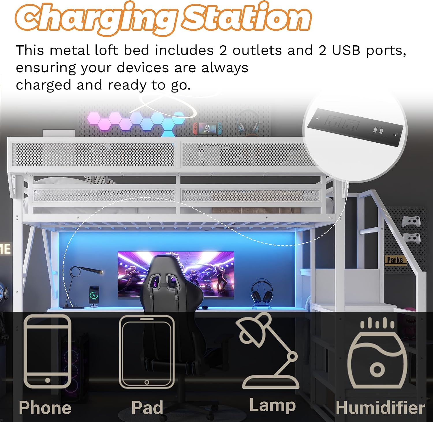 Metal Loft Bed with Desk and RGB LED Lights, Queen Size Loft Bed with Stairs and Charging Station,Adult Loft Beds with Storage Shelves for Upper and Wardrobe,Loft Beds Frame for Kids Teens, White