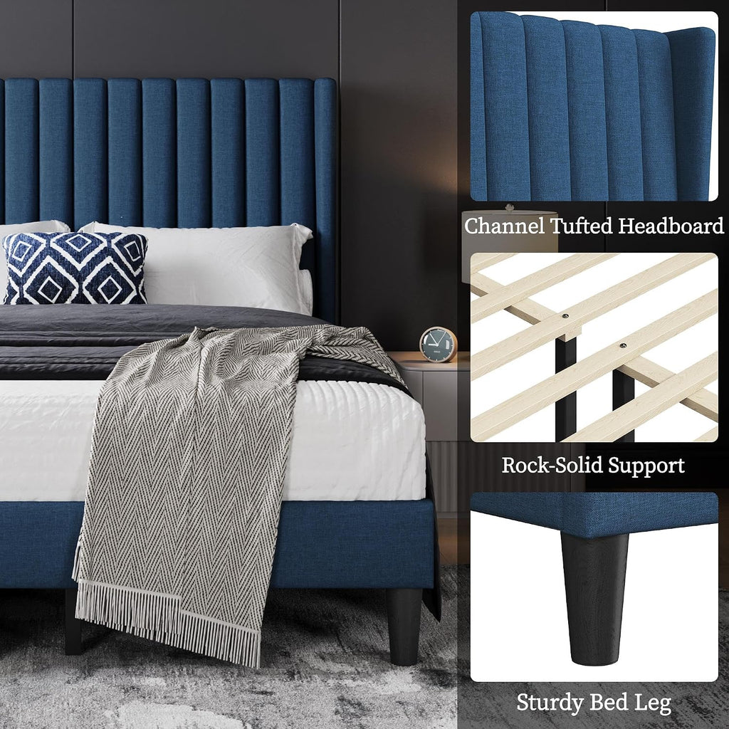 Yaheetech Full Size Bed Frame, Upholstered Platform Bed with Wing Edge Headboard, Square Tufted Fabric/Mattress Foundation/Wooden Slats Support/No Box Spring Needed/Easy Assembly/Navy Blue