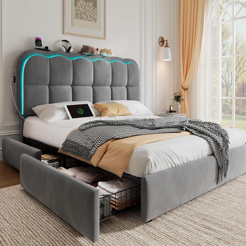 CypBed Full Size Bed Frame with 4 Storage Drawers & LED Lights, Velvet Upholstered Platform Bed Frame with Charing Station and Adjustable Headboard, Wood Slats Support, No Box Spring Needed, Grey