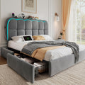 CypBed Full Size Bed Frame with 4 Storage Drawers & LED Lights, Velvet Upholstered Platform Bed Frame with Charing Station and Adjustable Headboard, Wood Slats Support, No Box Spring Needed, Grey