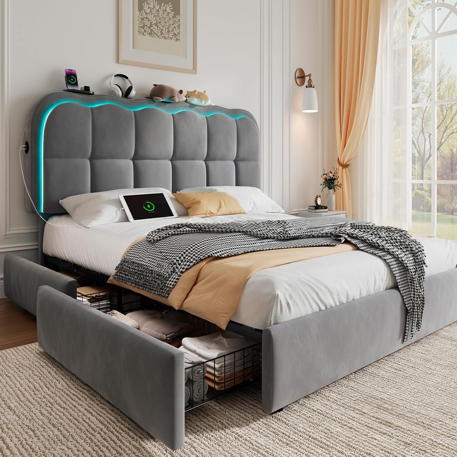 CypBed Full Size Bed Frame with 4 Storage Drawers & LED Lights, Velvet Upholstered Platform Bed Frame with Charing Station and Adjustable Headboard, Wood Slats Support, No Box Spring Needed, Grey