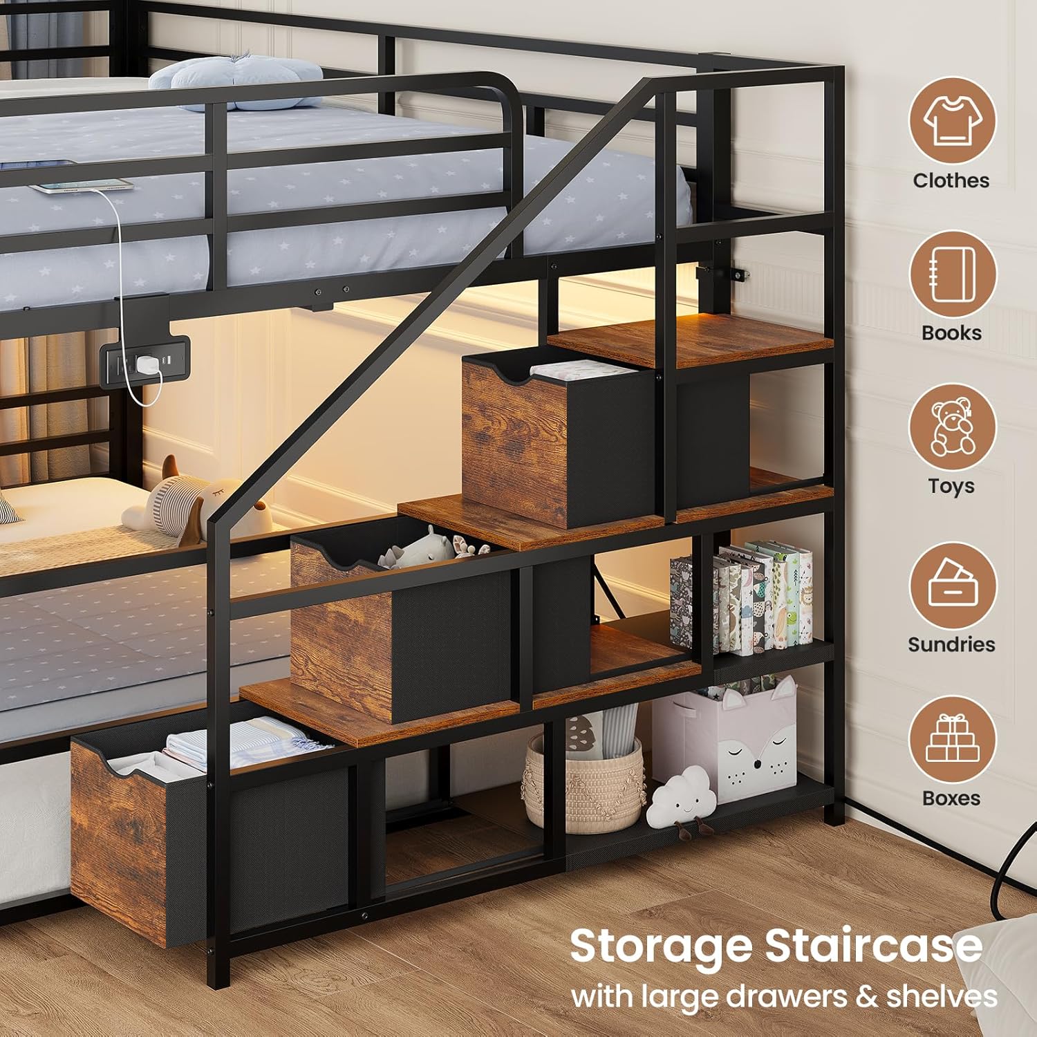 ADORNEVE Low Bunk Bed Full Over Full with Stairs, 3 Storage Drawers & Power Outlet, Full Size Metal Floor Bunk with RGB Lights & Shelves, Space-Saving Kids Bed, Black & Brown