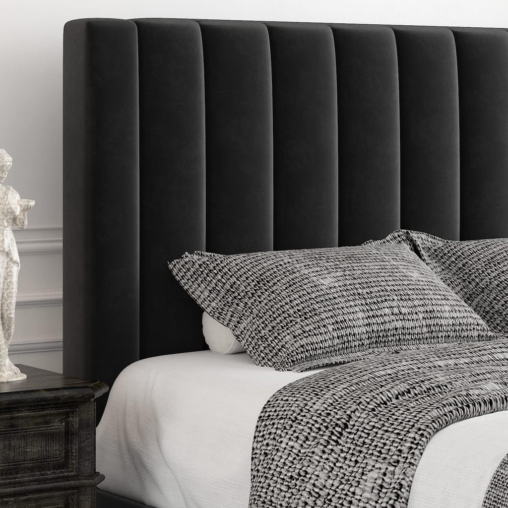 Allewie Full Bed Frame/Velvet Upholstered Bed Frame with Vertical Channel Tufted Headboard/Strong Wooden Slats/Platform Bed Frame/Mattress Foundation/Box Spring Optional/Easy Assembly/Black
