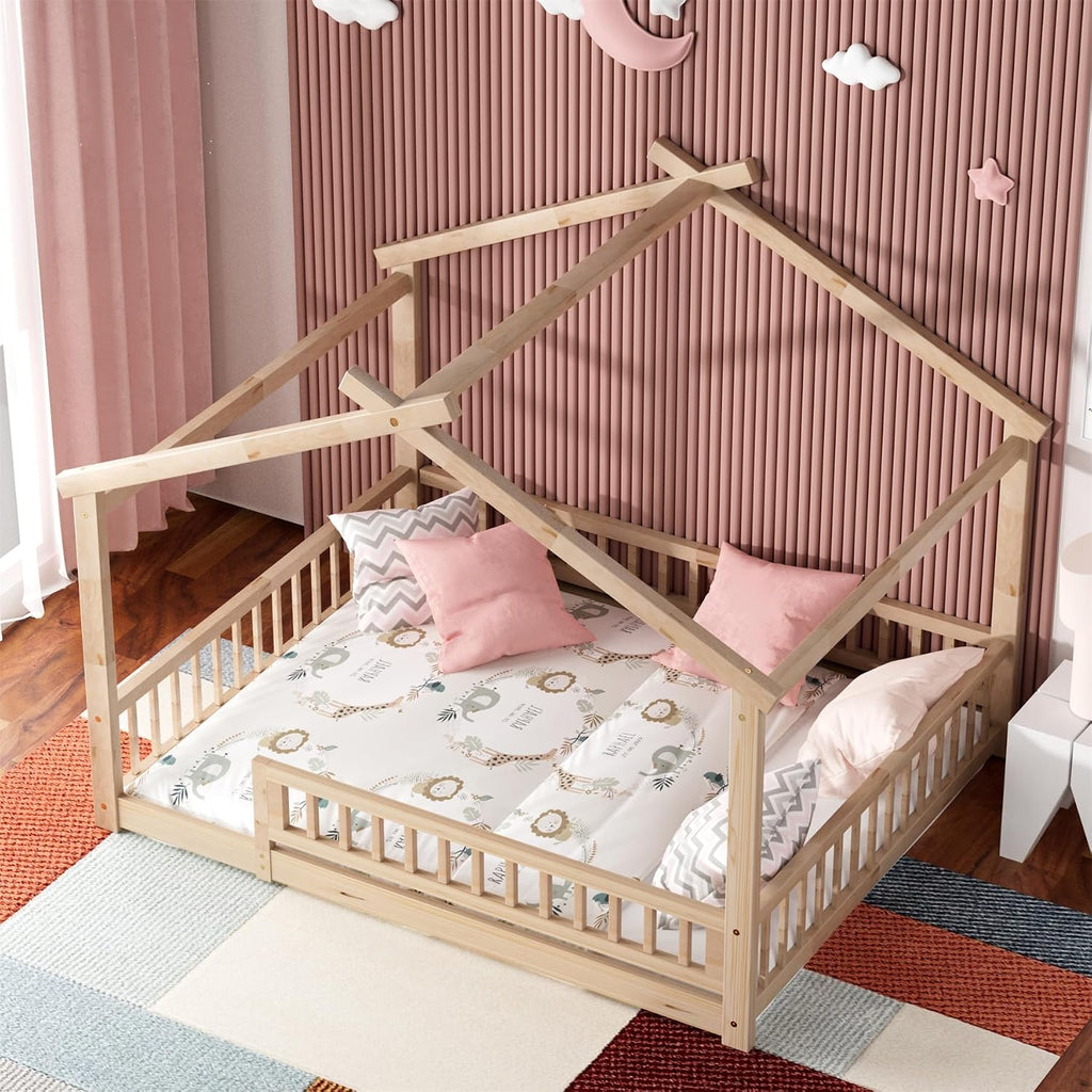 LLS Full Size House Bed with Fence, Wooden Montessori Bed with Slats Support, Floor Bed Frame for Boys Girls Bedroom, Natural