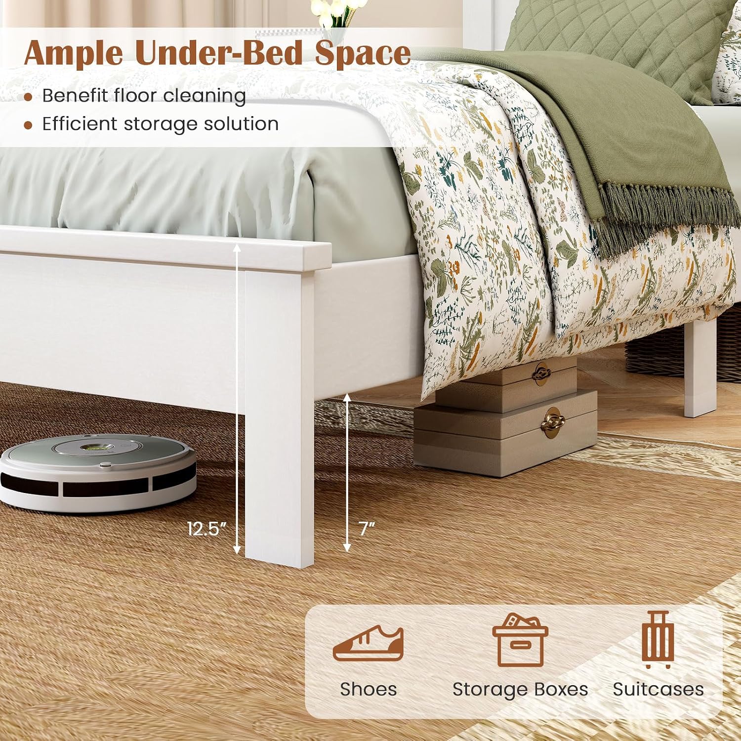 GOFLAME Twin Size Wood Bed Frame, Mid-Century Modern Platform Bed with Headboard, Solid Wood Legs, Mattress Foundation with 12 Wooden Slats, No Box Spring Needed, White