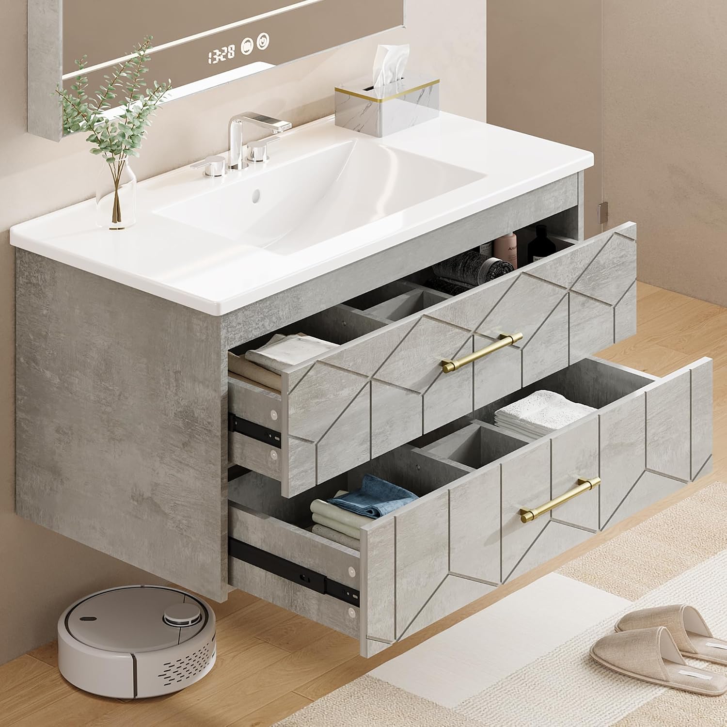 Garvee 36' Bathroom Vanity with Sink, Floating Bathroom Vanity with Ceramic Basin, 2 Large Storage Drawers with Gold Metal Handle, Modern Wall Mounted Bathroom Cabinet with Sink, Grey