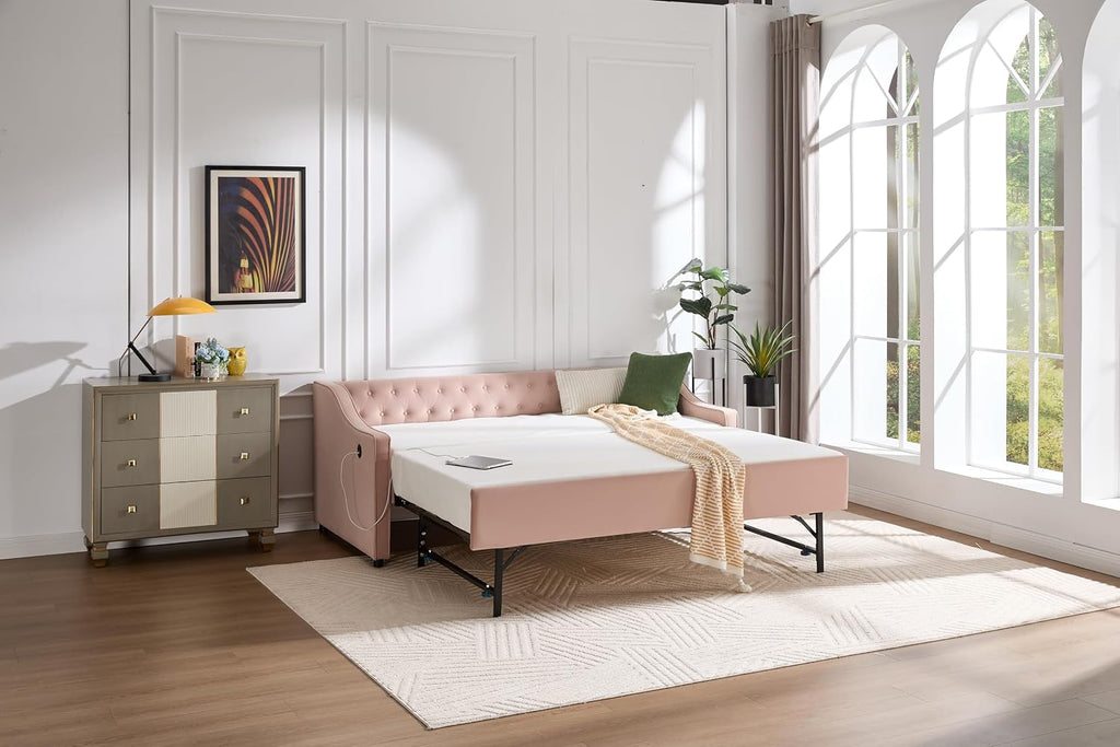 Twin to King Daybed with Trundle, USB Ports Soft Upholstered Daybed with Pop Up Trundle Bed Twin, Modern Extendable Day Bed Frame for Girls Bedroom Living Room Guest Room Small Places Blush Pink