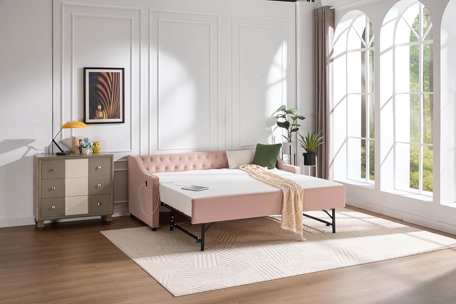 Twin to King Daybed with Trundle, USB Ports Soft Upholstered Daybed with Pop Up Trundle Bed Twin, Modern Extendable Day Bed Frame for Girls Bedroom Living Room Guest Room Small Places Blush Pink