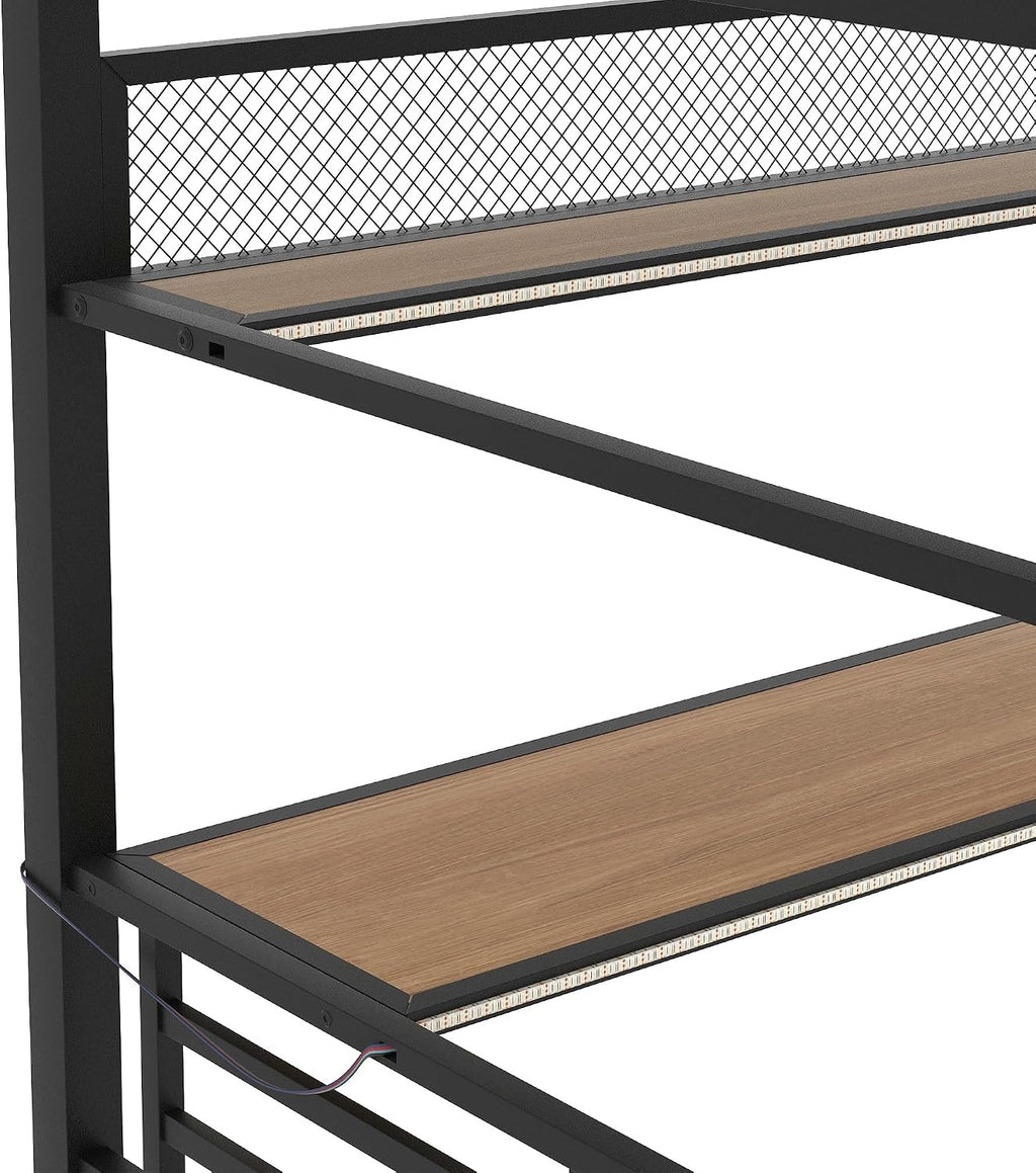 Ball & Cast Modern Full Size Loft Bed with Storage Shelve & LED Light,Metal Bedframe W/Built-in Desk & Computer Host Shelf,Space Saving,Child's and Adults' Bedroom Furniture for Studying Working,Black