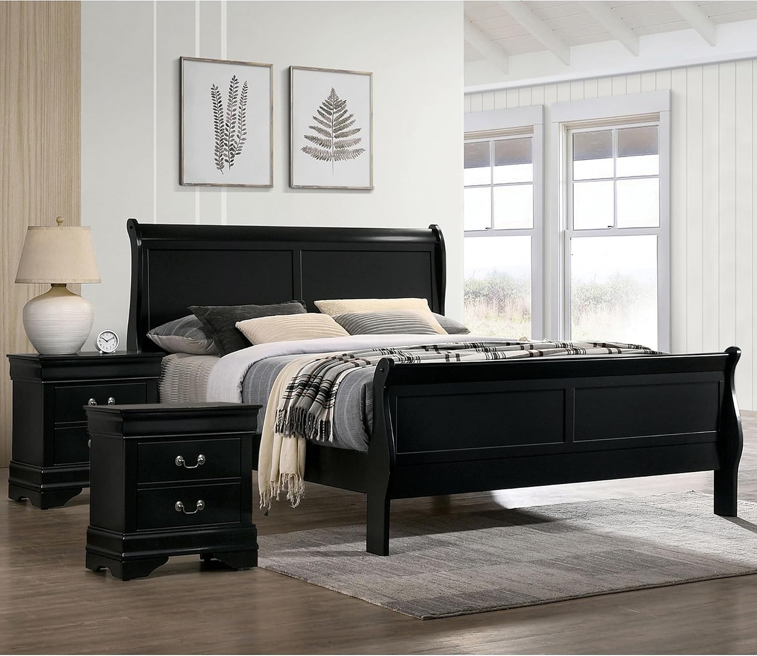 Furniture of America Hypatia Transitional Wood 3-Piece Set, Sleigh Panel Bed and 2-Drawer Nightstand for Bedroom, Twin, Black