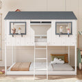 Polibi Twin Over Twin Low Bunk Bed, Wooden House Bed with Roof, 2 Front Windows, 2 Small Shelves, Ladder and Guardrail, White