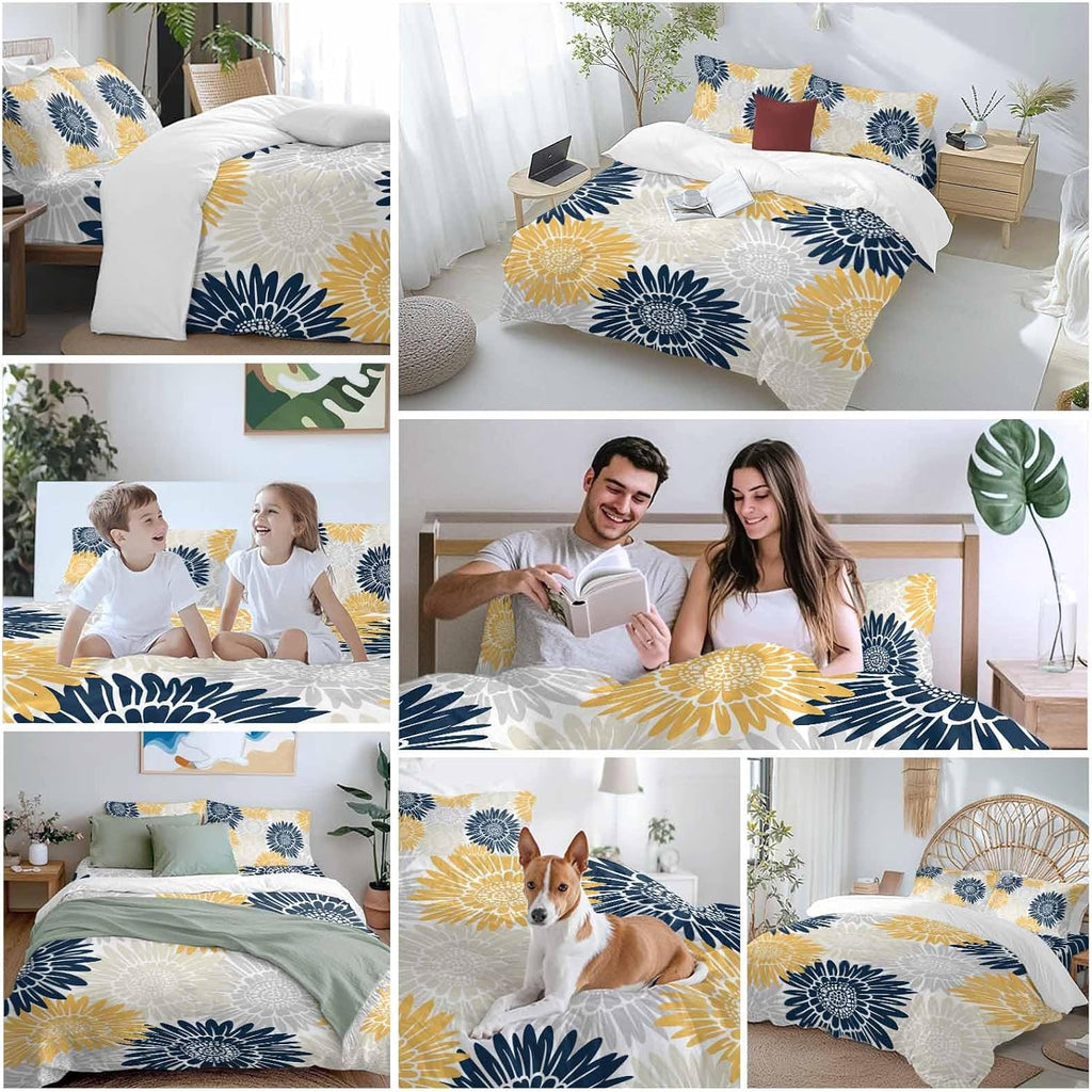 Navy Blue Gray Yellow Sunflowers Duvet Cover Set Queen Size 4 Pieces Abstract Blooming Floral Bedding Set with Zipper Closure, 1 Comforter Cover 92x106 Inches 1 Flat Sheet & 2 Pillow Cases