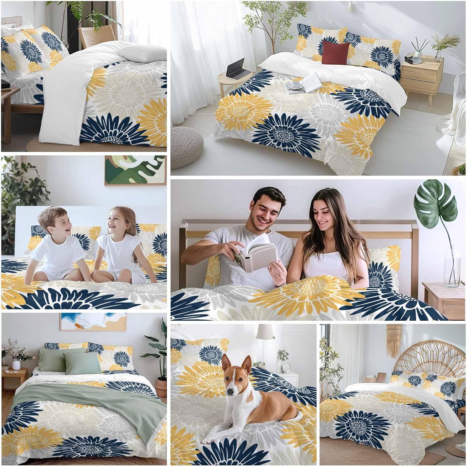 Navy Blue Gray Yellow Sunflowers Duvet Cover Set Queen Size 4 Pieces Abstract Blooming Floral Bedding Set with Zipper Closure, 1 Comforter Cover 92x106 Inches 1 Flat Sheet & 2 Pillow Cases