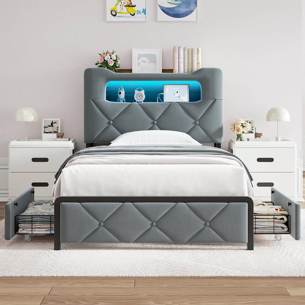 Jocoevol Twin Upholstered LED Bed Frame with 2 Storage Drawers and 2-Tier Storage Bookcase Headboard, Velvet Platform Bed for Kids/Girls/Boys, Heavy Duty Metal Support, No Box Spring Needed, Grey