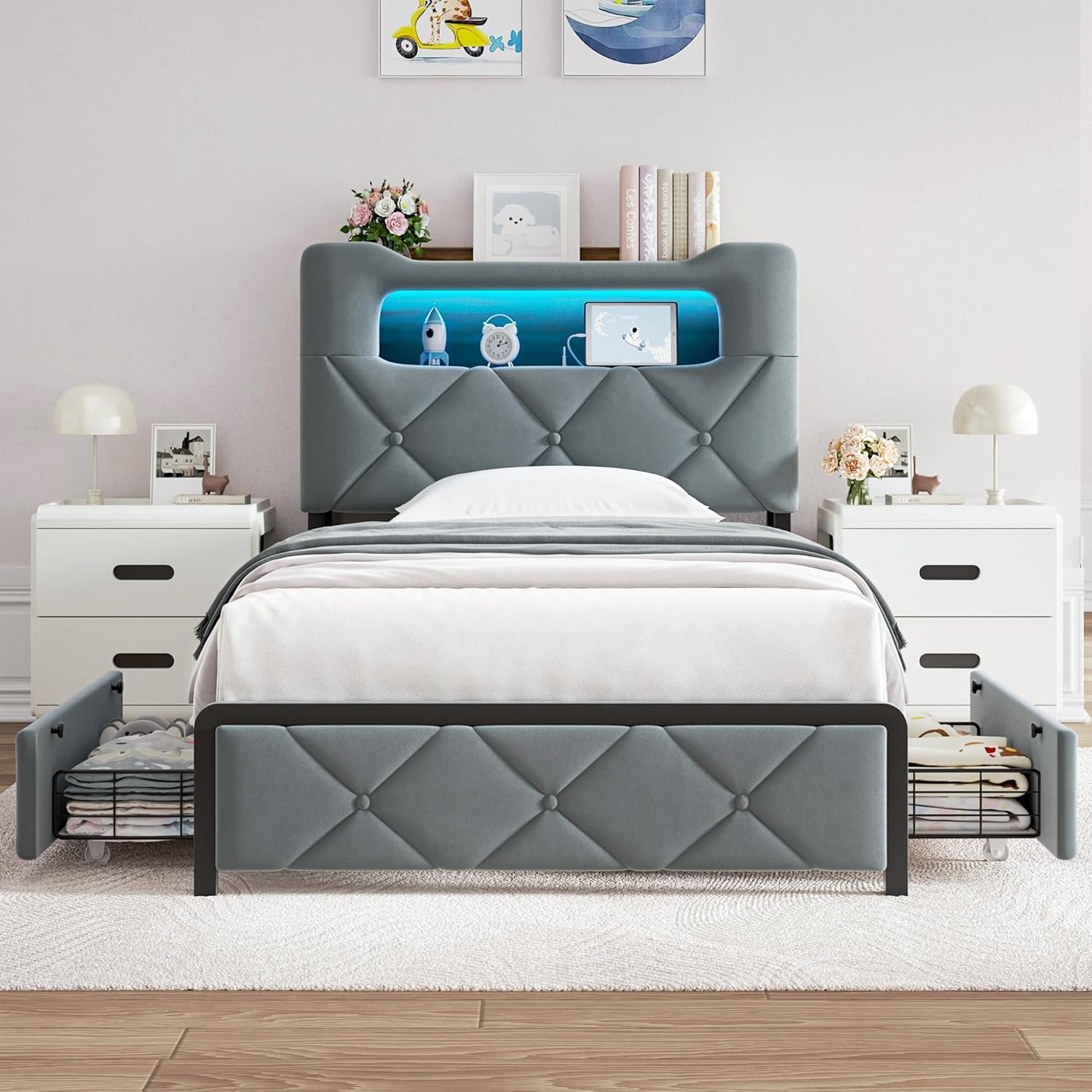 Jocoevol Twin Upholstered LED Bed Frame with 2 Storage Drawers and 2-Tier Storage Bookcase Headboard, Velvet Platform Bed for Kids/Girls/Boys, Heavy Duty Metal Support, No Box Spring Needed, Grey