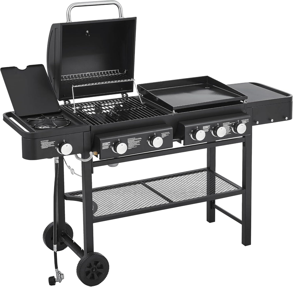 6-Burner Propane Gas Grill with Griddle Combo, 56,000 BTU Outdoor BBQ Grill with Side Burner, 745 Sq.In Total Cooking Area, Enamel-Coated Grates, Heavy-Duty Stand for Backyard Patio