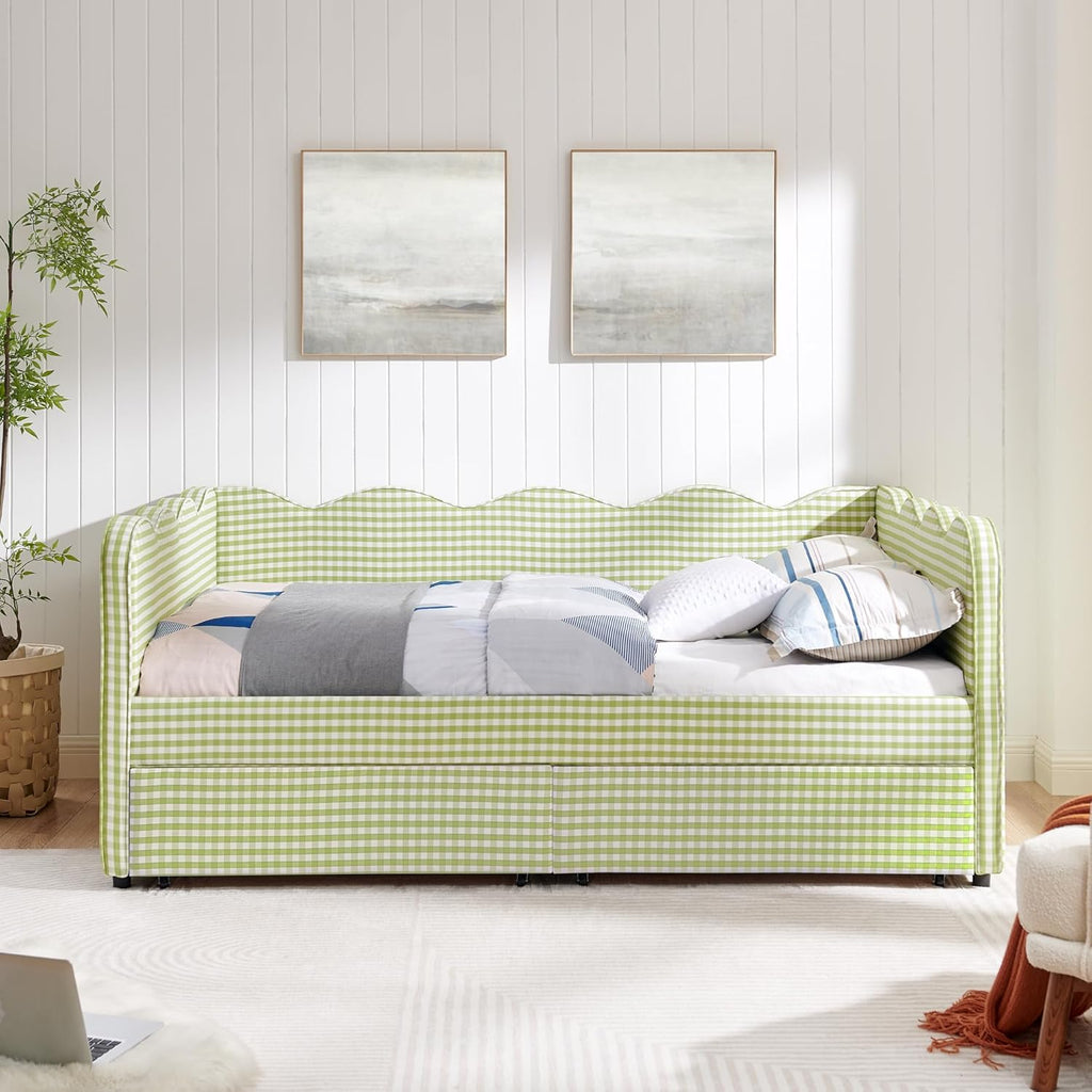 DEINPPA Full Size Upholstered Daybed with 2 Storage Drawers, Gingham Daybed with USB Ports for Bedroom Living Room Guest Room-Green