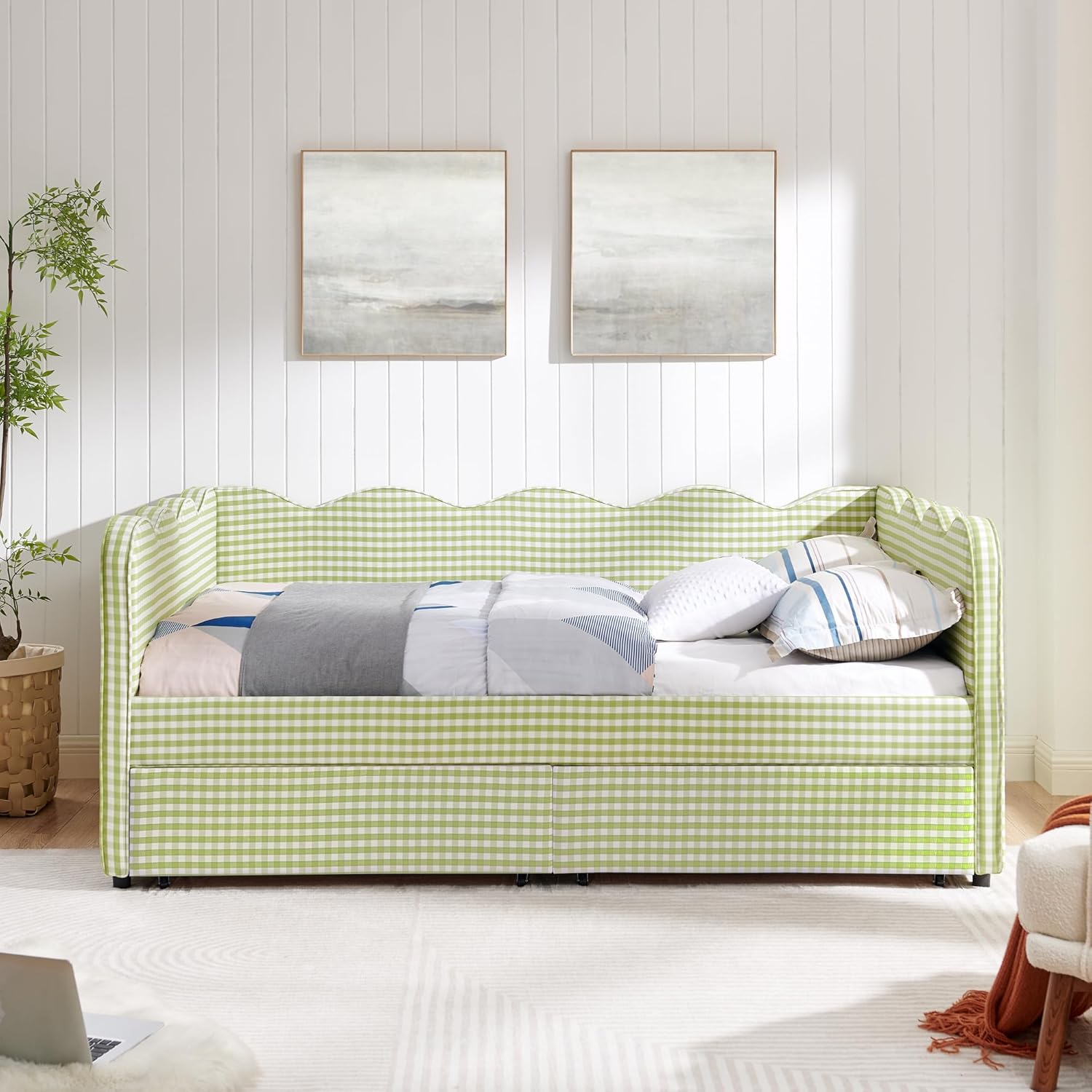 DEINPPA Full Size Upholstered Daybed with 2 Storage Drawers, Gingham Daybed with USB Ports for Bedroom Living Room Guest Room-Green