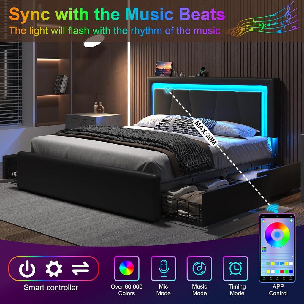 Full Size Bed Frame with 4 Storage Drawers and LED Lights, Upholstered Platform Bed with Adjustable Headboard and Charging Station, Metal Slats Support, No Box Spring Needed,Easy Assembly, Black