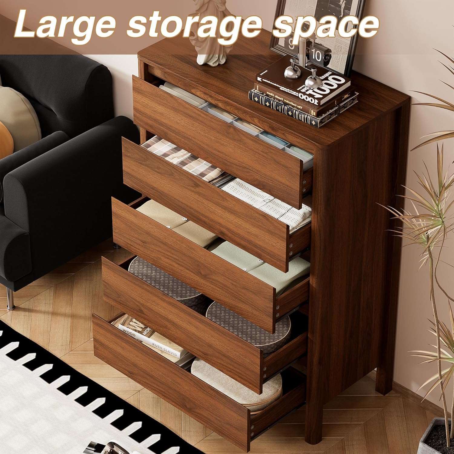 Furniway Walnut Mid-Century Modern 3 Piece Bedroom Furniture Set, 5 Drawer Dresser with Handleless Wood Grain Design and Nightstands Set of 2, Minimalist Storage Dresser for Bedroom