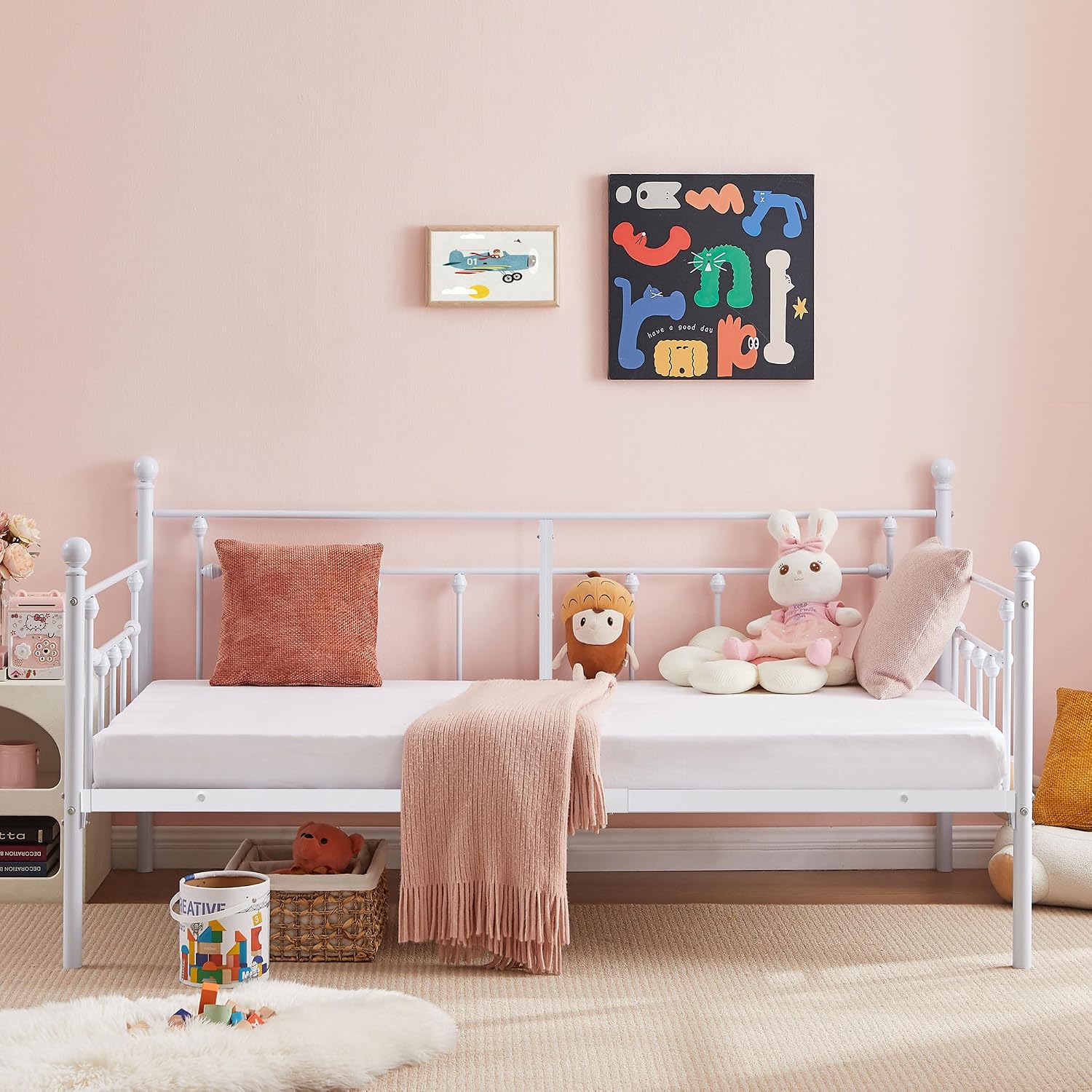 VECELO Daybed Frame, Twin Size Metal Platform Bed with Headboard,Heavy Duty Steel Slats Support for Living Room Bedroom Guest Room, Easy Assembly