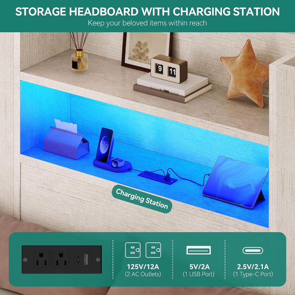 DWVO Twin Size Bed with Trundle, Bookcase Bed Frame with Storage Headboard and Charging Station, RGB LED Lights Bed with Wooden Support with Type-C, No Box Spring Needed, Noise Free, White