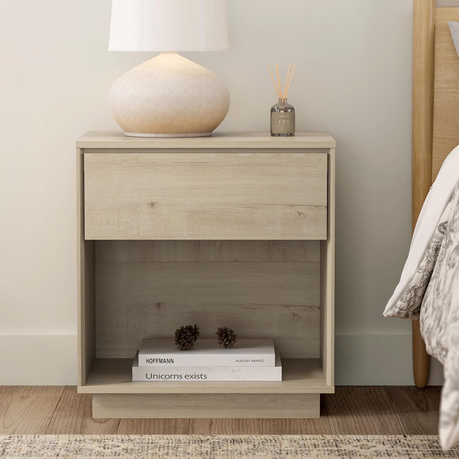 EYYTHUNG Modern End Side Table Set of 2, Wood Nightstand with Storage and Open Shelf, Farmhouse Boho Bedside Table Accent Night Stand for Bedroom, Light Oak