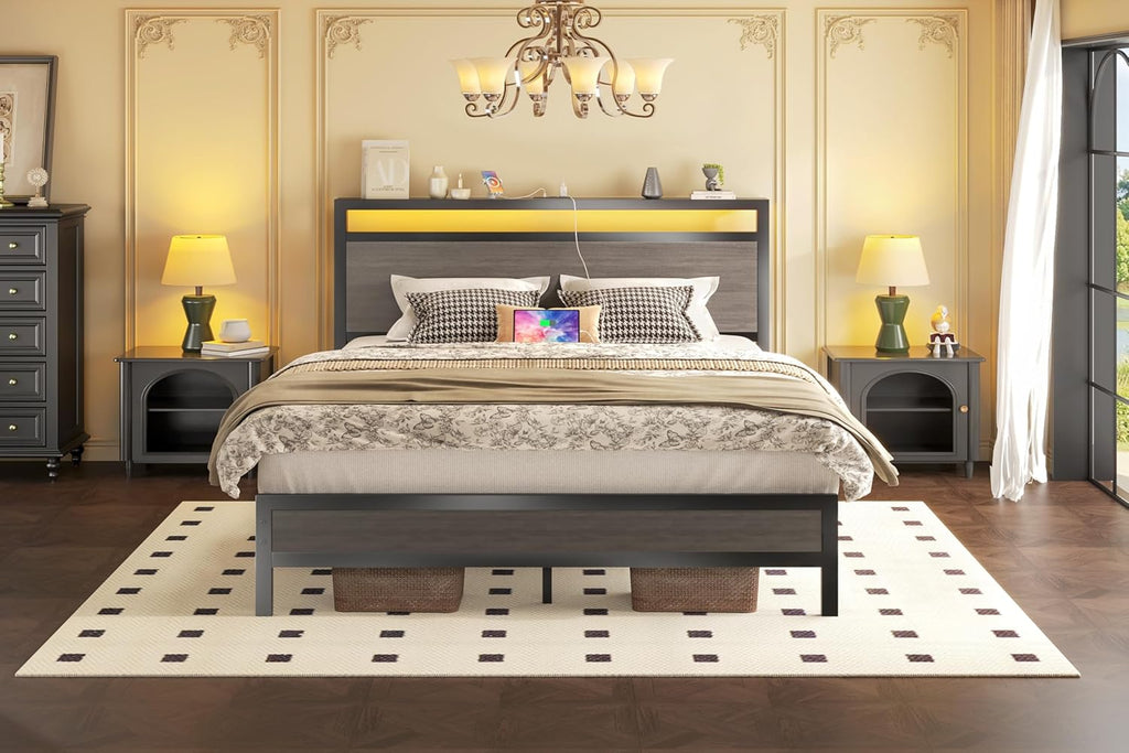 Fluest Queen Bed Frame with Headboard & Footboard, Bed Frame with Built-in Charging Station & LED Light, Storage Shelf, Noise-Free, No Box Spring Needed, Easy Assembly, Rustic Grey