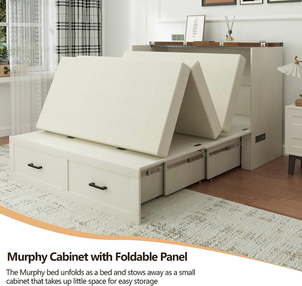 Full Murphy Bed Cabinet with Charging Station and Storage, Farmhouse Foldable Platform Bed for Bedroom, Living Room, Guest Bedroom,Home Office,Rutic White (Full Size)