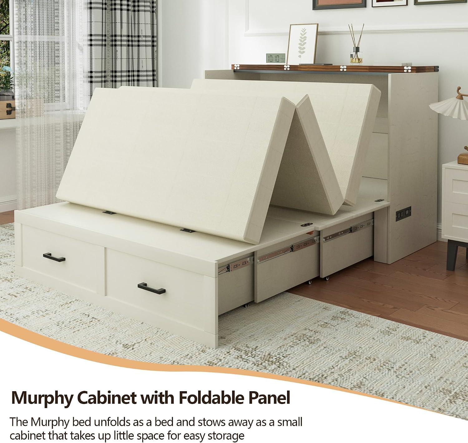 Full Murphy Bed Cabinet with Charging Station and Storage, Farmhouse Foldable Platform Bed for Bedroom, Living Room, Guest Bedroom,Home Office,Rutic White (Full Size)