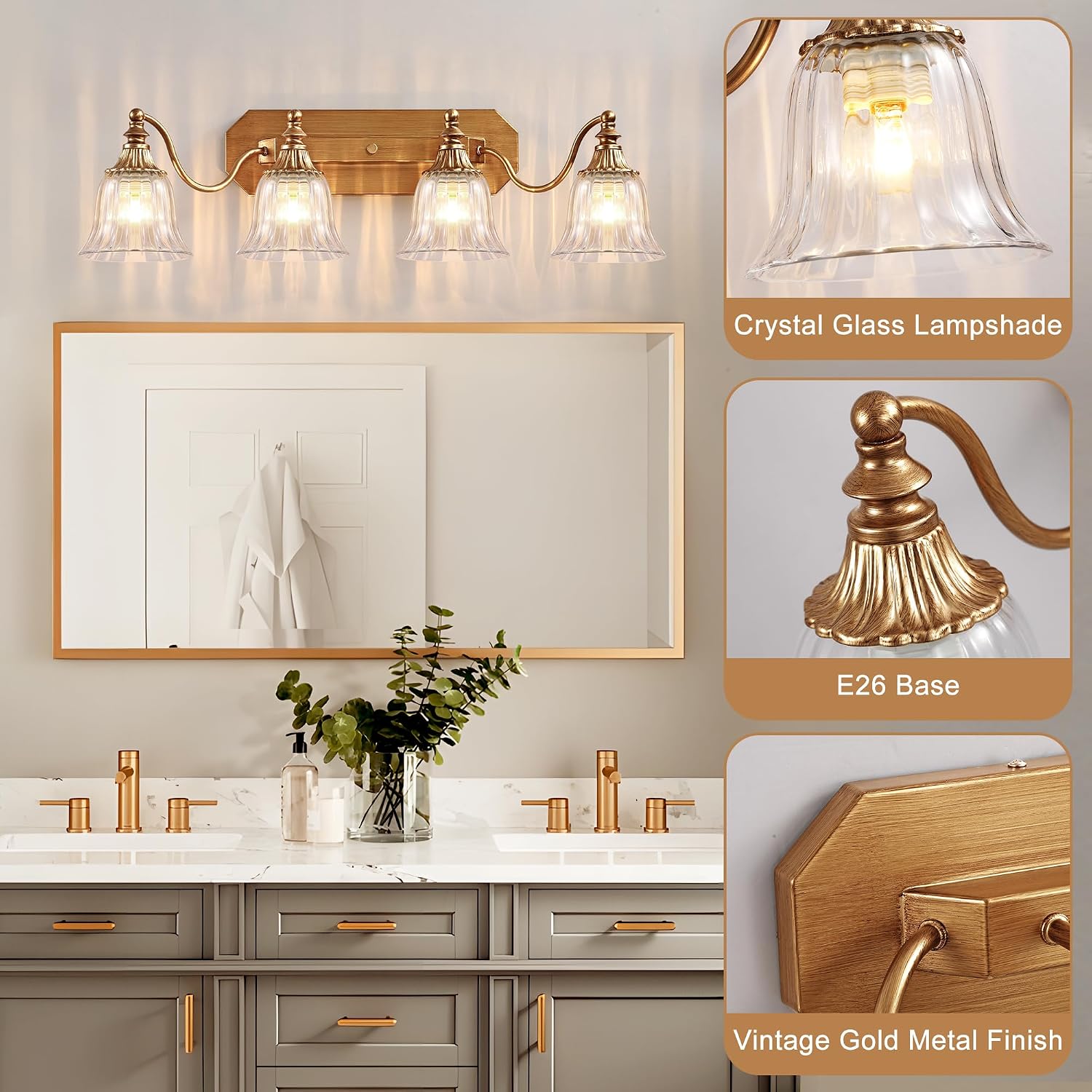 Gold Vintage Bathroom Light Fixtures, 4-Lights Bathroom Vanity Light, Antique Brushed Gold Lighting Fixtures Over Mirror with Crystal Glass Shade, Wall Sconce Lighting