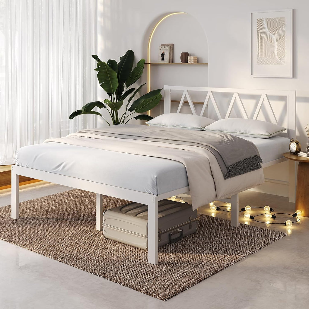 Novilla 18 Inch King Size Bed Frame with Headboard, White Metal Platform Bed Frame, King Bed Frame No Box Spring Needed, Easy Assembly