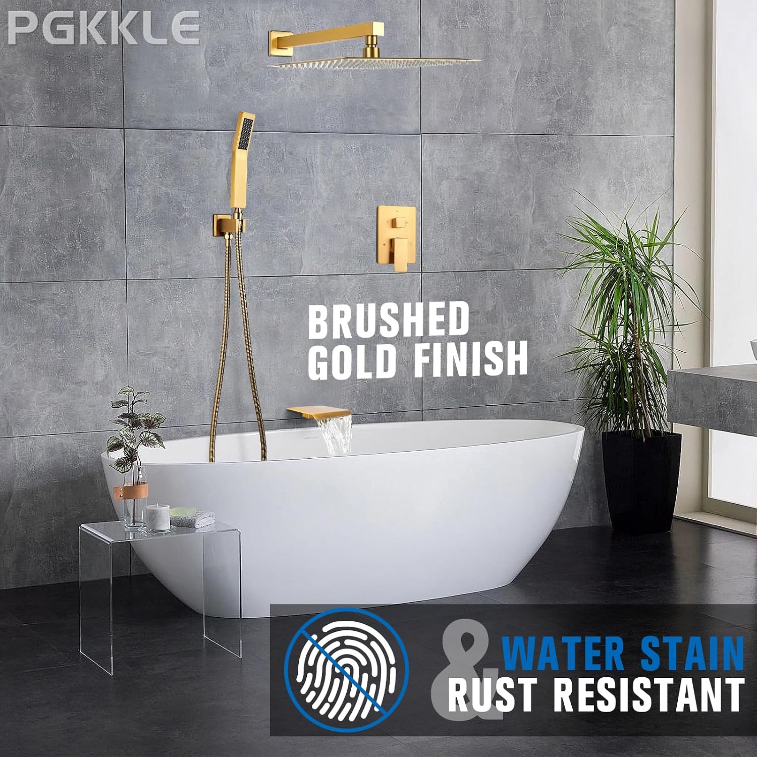 10 Inch Rainfall Shower System with Tub Spout - Wall Mounted Complete Combo with Solid Brass Pressure Balancing Valve, High Pressure Shower Head, Handle Set & Installation Accessories Brushed Gold